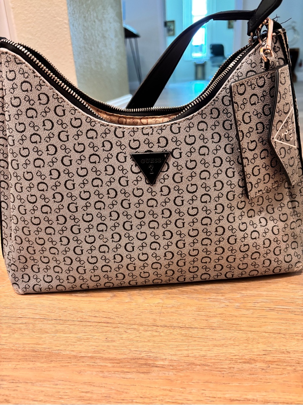 Guess Monogram Shoulder Bag in Gray with Black Trim